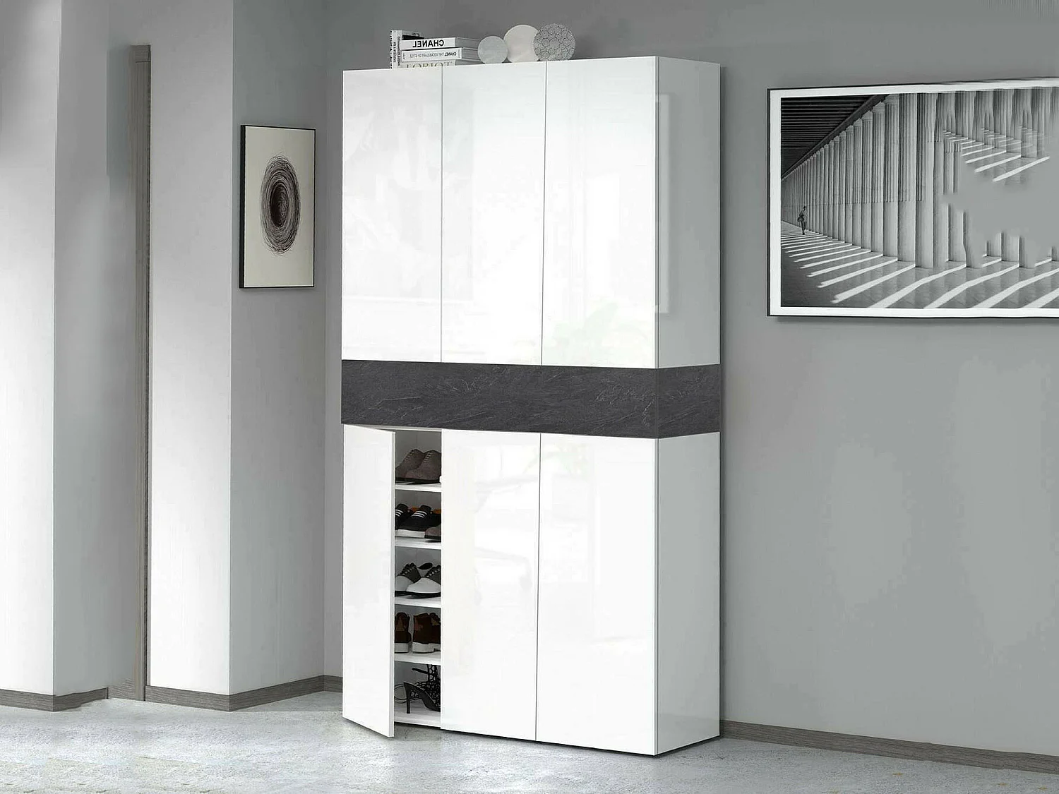 Étagère à chaussures Marzio, étagère à chaussures peu encombrante à 7 portes, armoire d'entrée multifonctionnelle, 114x38h200 cm, Blanc et Ardoise