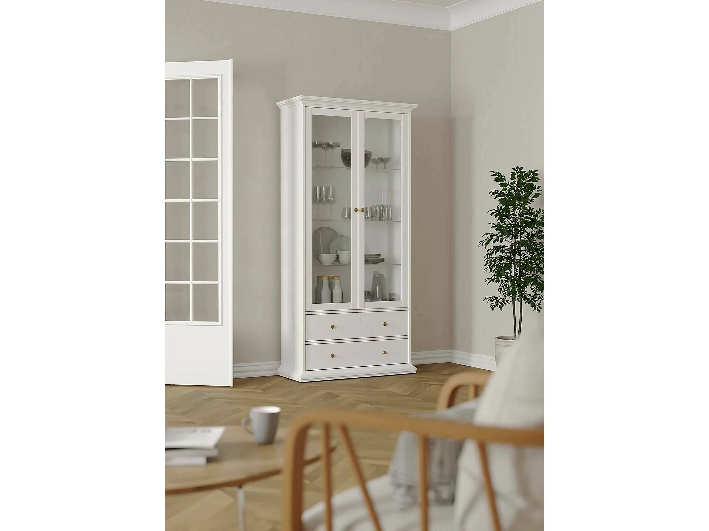 Vitrine Dvatt, Glas-Sideboard, Mehrzweckvitrine, Hängendes Bücherregal mit Glastüren, 96x42 h201 cm, WeiÃŸ