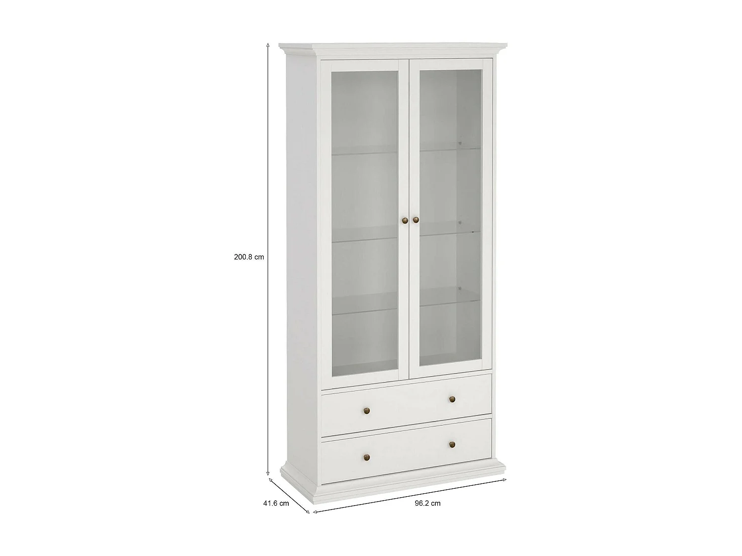 Vitrine Dvatt, Glas-Sideboard, Mehrzweckvitrine, Hängendes Bücherregal mit Glastüren, 96x42 h201 cm, WeiÃŸ