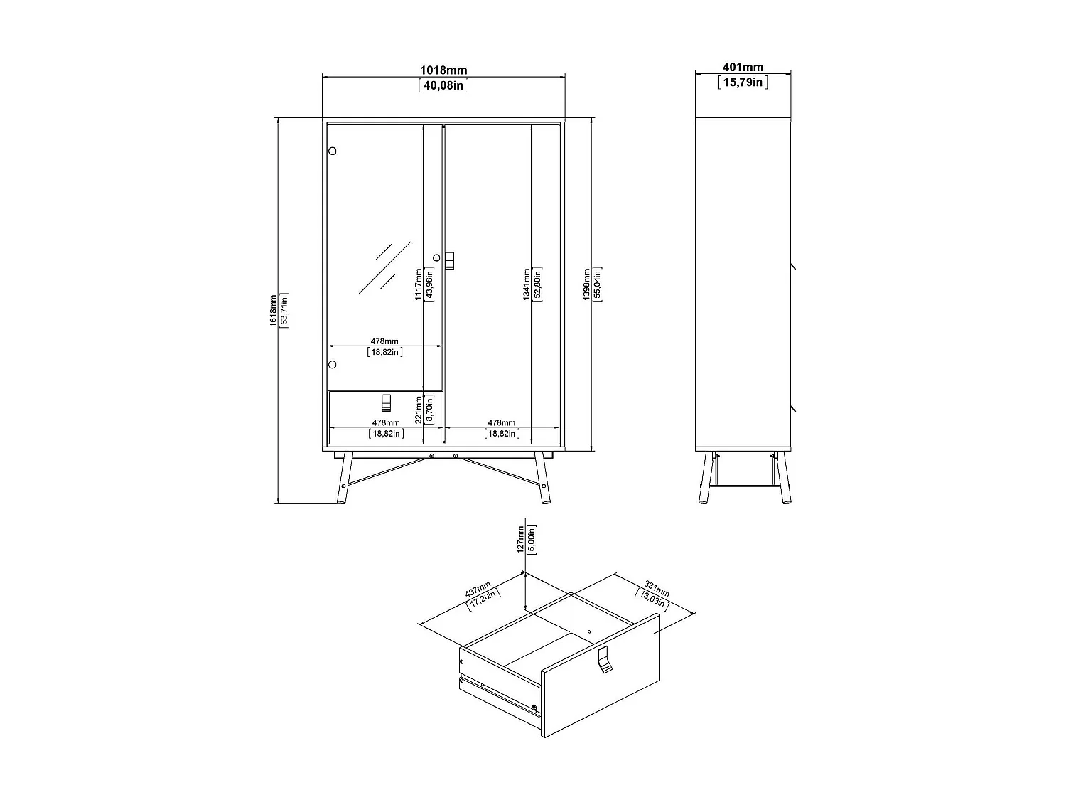 Dvell vitrinekast, Vitrinekast, Multifunctionele vitrinekast, Woonkamerdressoir, 102x40 h162 cm, Zwart en Walnoot