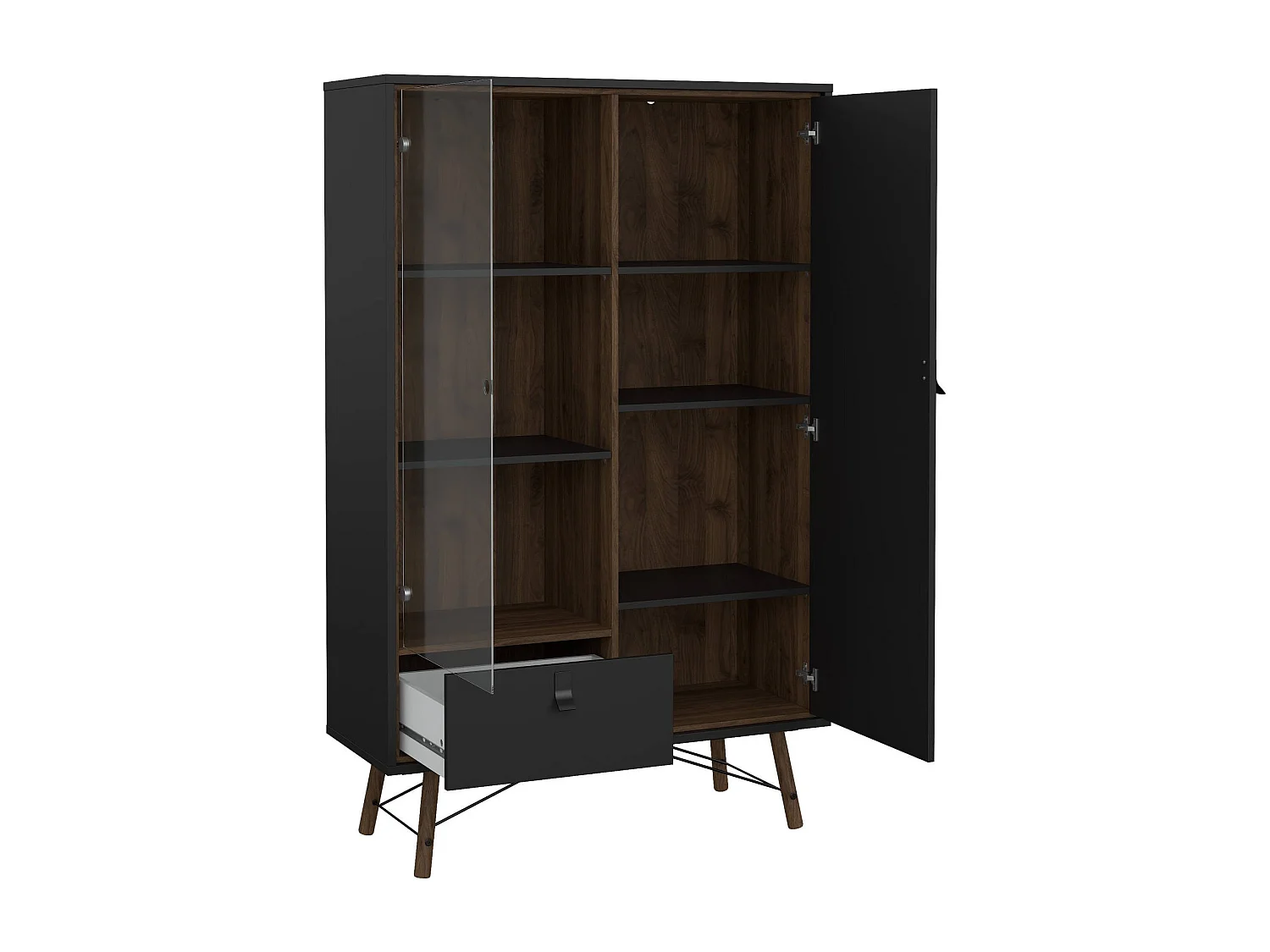 Vitrine Dvell, Buffet d'exposition, Vitrine polyvalente, Buffet de salon, 102x40 h162 cm, Noir et Noyer