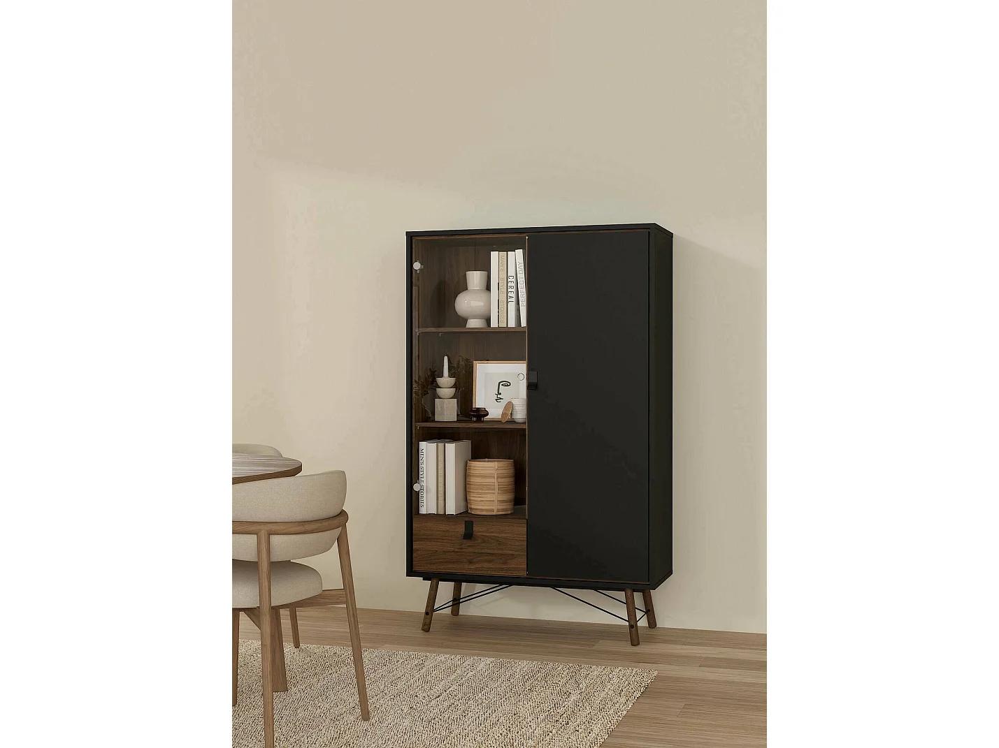 Vitrina Dvell, Aparador expositor, Vitrina multiusos, Aparador sala, 102x40 h162 cm, Preto e Nogueira
