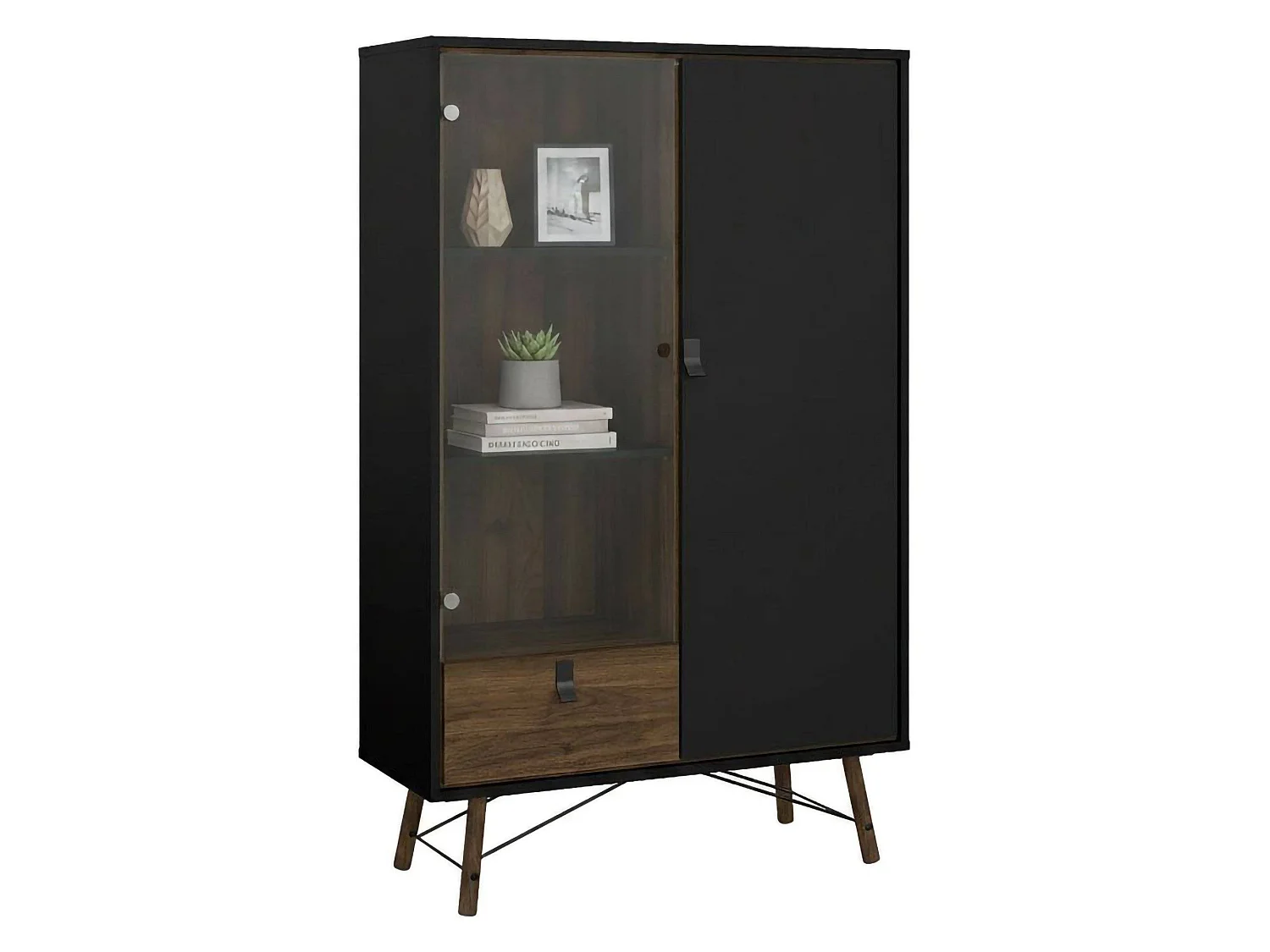 Vitrine Dvell, Buffet d'exposition, Vitrine polyvalente, Buffet de salon, 102x40 h162 cm, Noir et Noyer