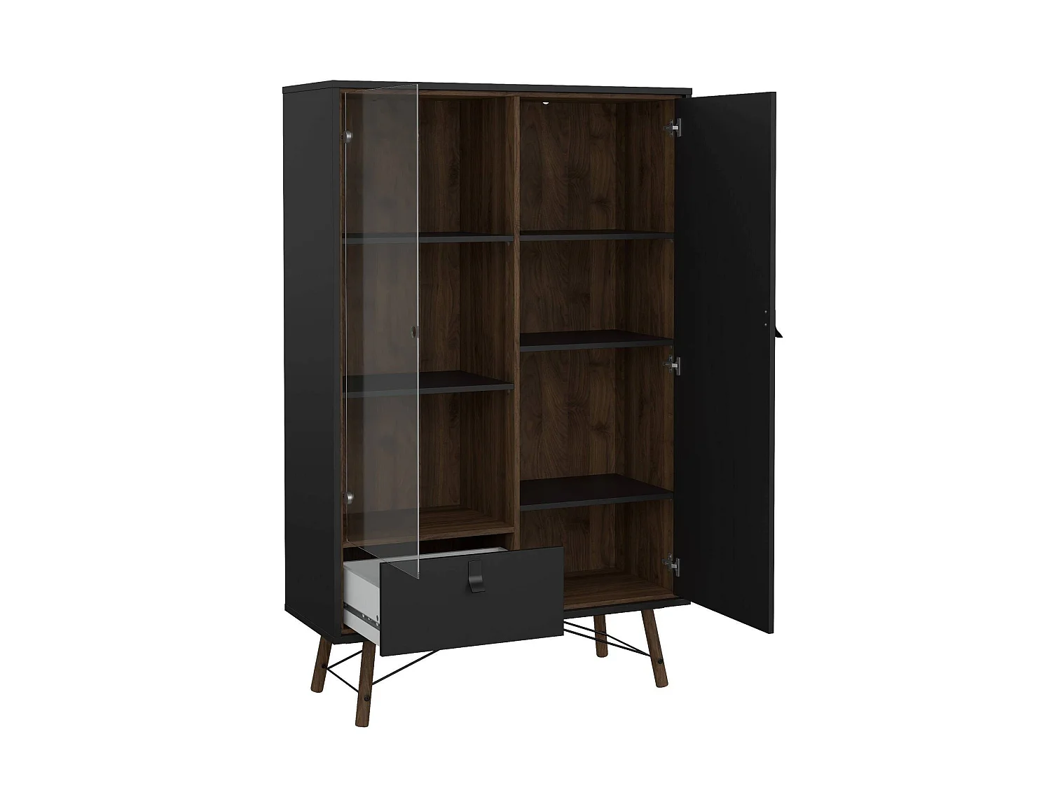 Vitrine Dvell, Buffet d'exposition, Vitrine polyvalente, Buffet de salon, 102x40 h162 cm, Noir et Noyer