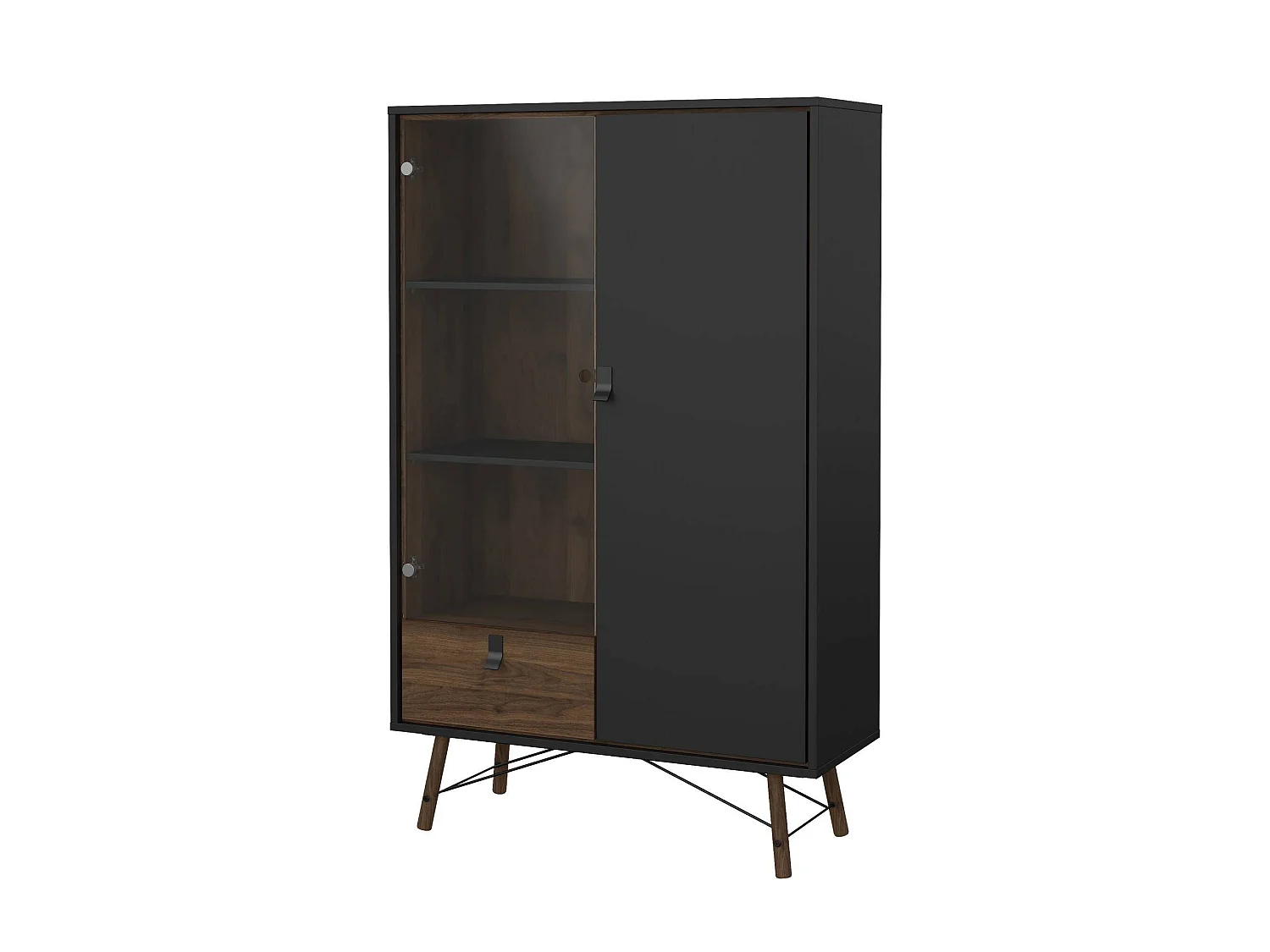 Vitrine Dvell, Buffet d'exposition, Vitrine polyvalente, Buffet de salon, 102x40 h162 cm, Noir et Noyer