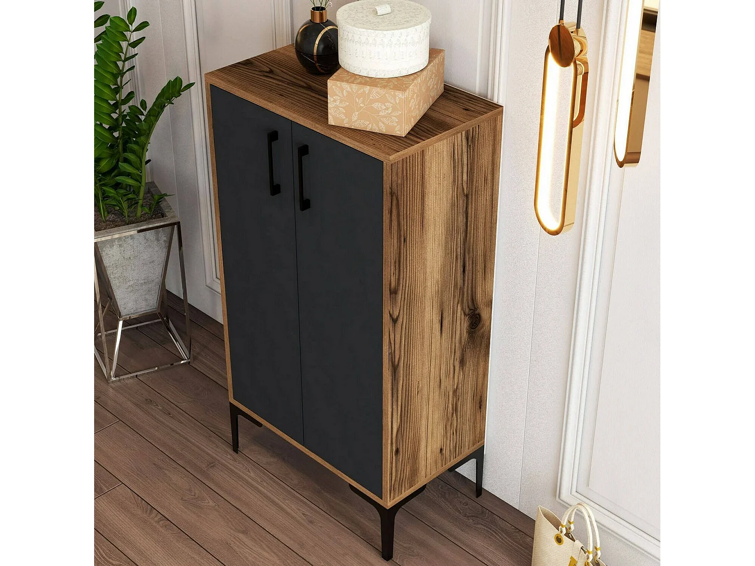 Meuble à chaussures Helios, Meuble à chaussures, Armoire d'entrée polyvalente, Rangement pour chaussures, 60x35h111 cm, Noyer et Anthracite