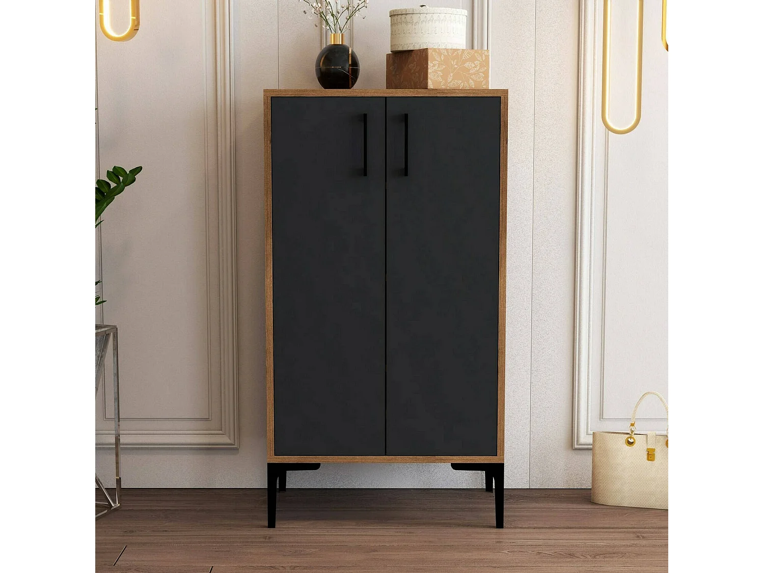 Meuble à chaussures Helios, Meuble à chaussures, Armoire d'entrée polyvalente, Rangement pour chaussures, 60x35h111 cm, Noyer et Anthracite