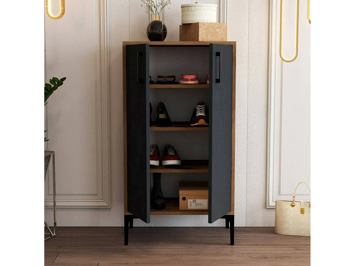 Schuhschrank Dmarrull, Schuhregal, Mehrzweck-Eingangsgarderobe, Möbel für Schuhe, 60x35h111 cm, Walnuss und Anthrazit