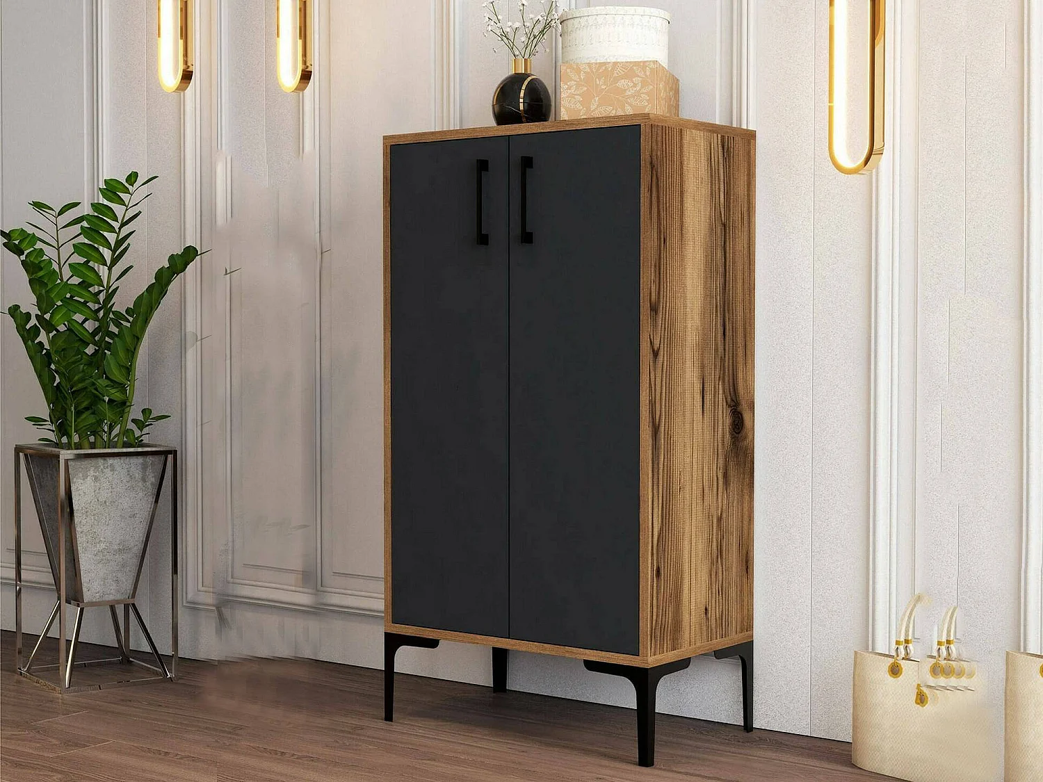 Schuhschrank Dmarrull, Schuhregal, Mehrzweck-Eingangsgarderobe, Möbel für Schuhe, 60x35h111 cm, Walnuss und Anthrazit