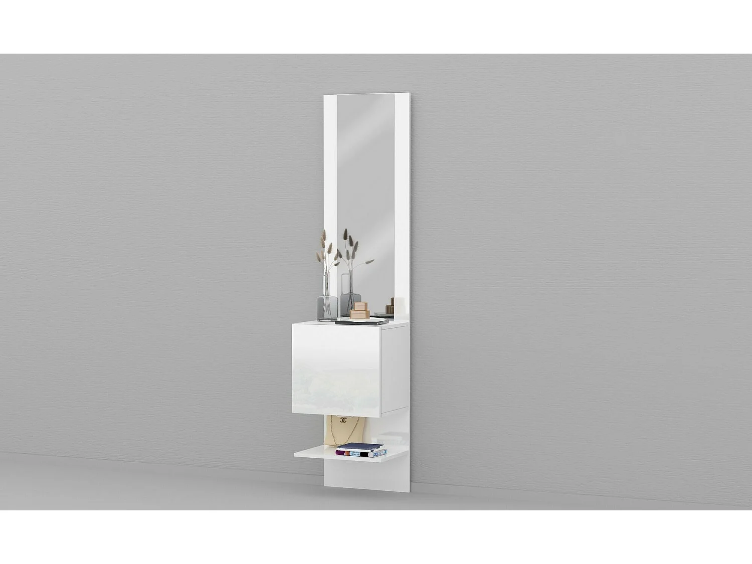 Mueble de entrada Dcuadrad, Mueble multifuncional con espejo, Zapatero con 1 puerta, 45x35h190 cm, Blanco