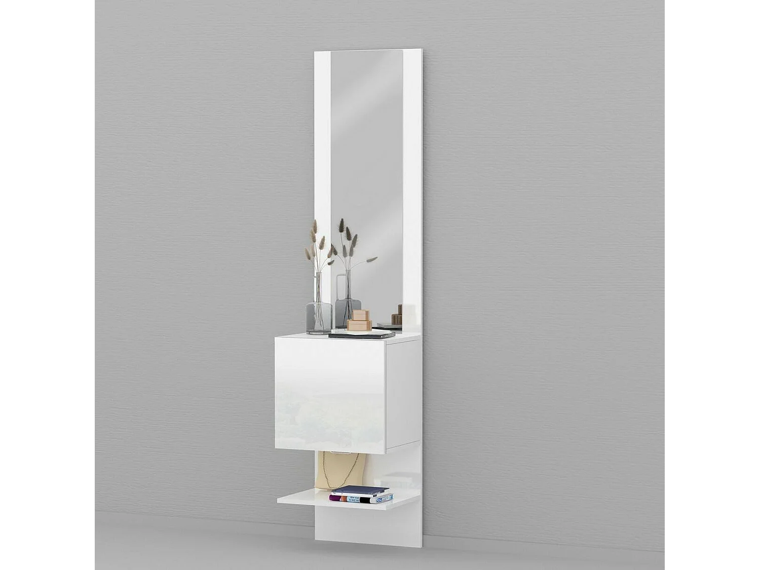 Meuble d'entrée Vitale, Armoire multifonctionnelle avec miroir, Étagère à chaussures avec 1 porte, 45x35h190 cm, Blanc