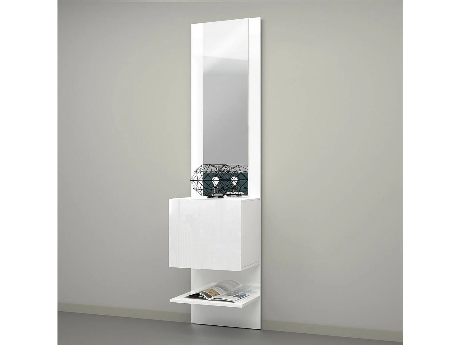 Meuble d'entrée Vitale, Armoire multifonctionnelle avec miroir, Étagère à chaussures avec 1 porte, 45x35h190 cm, Blanc