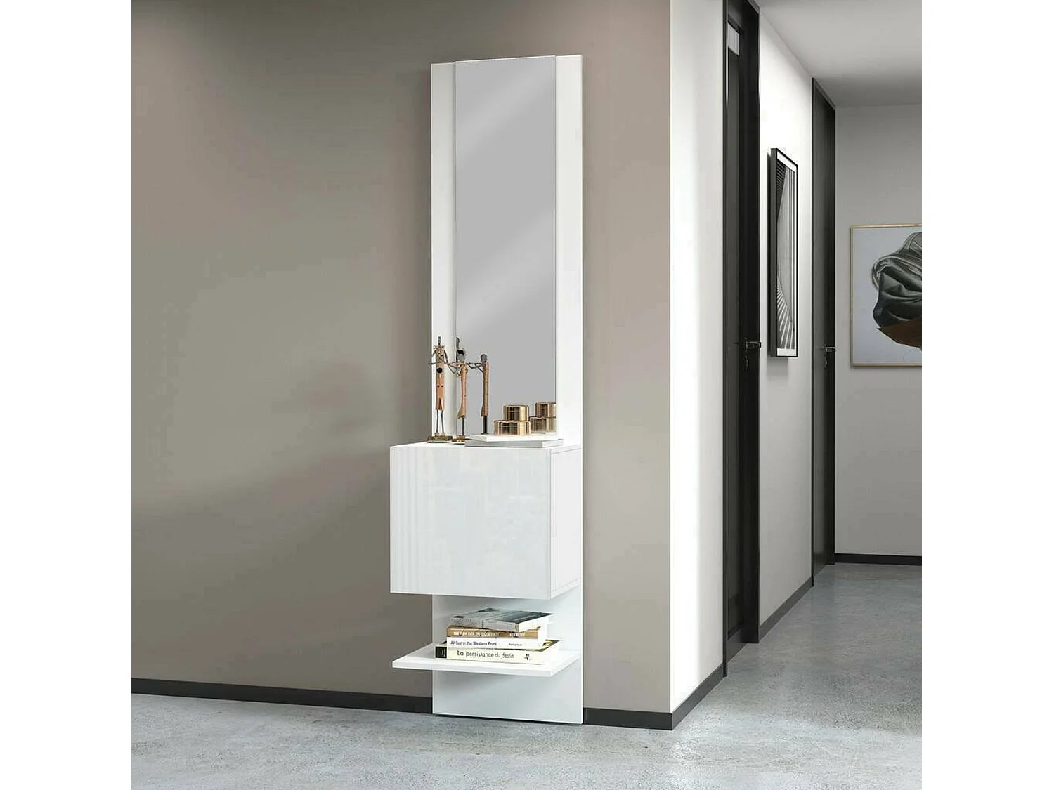 Meuble d'entrée Vitale, Armoire multifonctionnelle avec miroir, Étagère à chaussures avec 1 porte, 45x35h190 cm, Blanc
