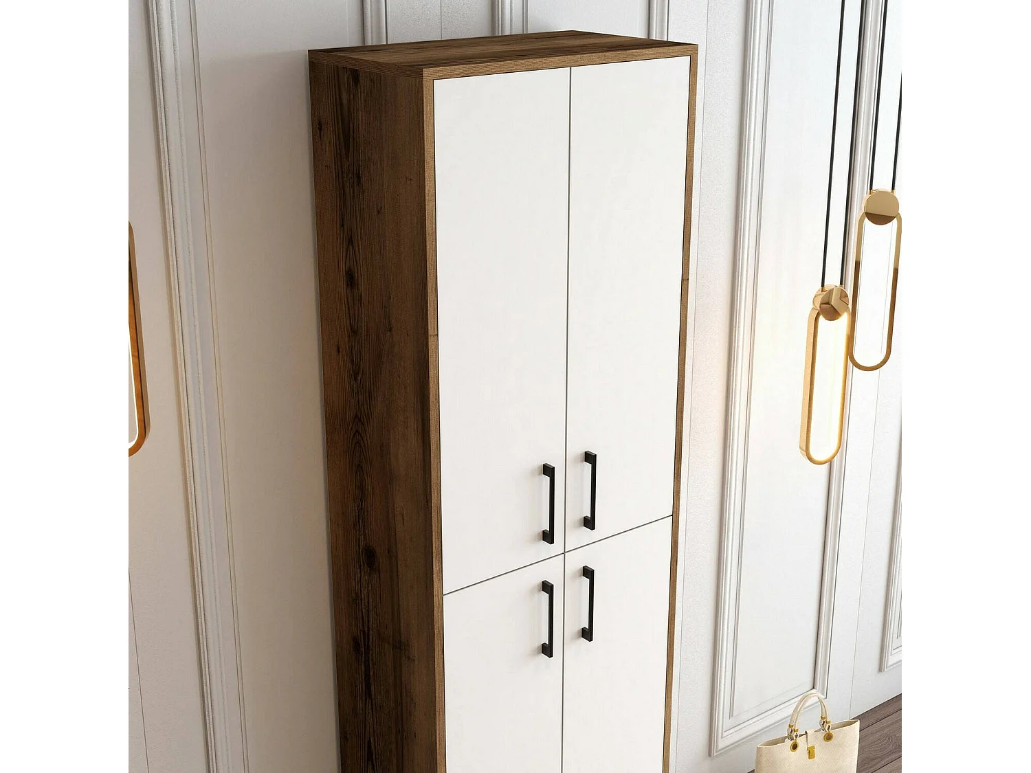 Dolivier Schoenenrek, Schoenenkast, Multifunctionele Entreekast, Schoenenkast, 60x35h200 cm, Walnoot en Wit