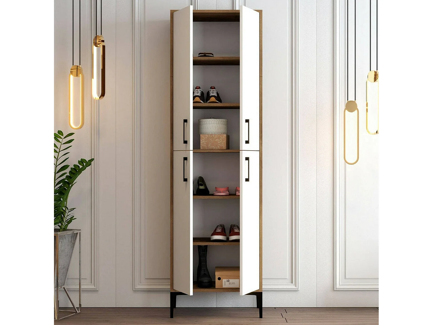 Meuble à chaussures Mimosa, Meuble à chaussures, Armoire d'entrée polyvalente, Rangement pour chaussures, 60x35h200 cm, Noyer et Blanc