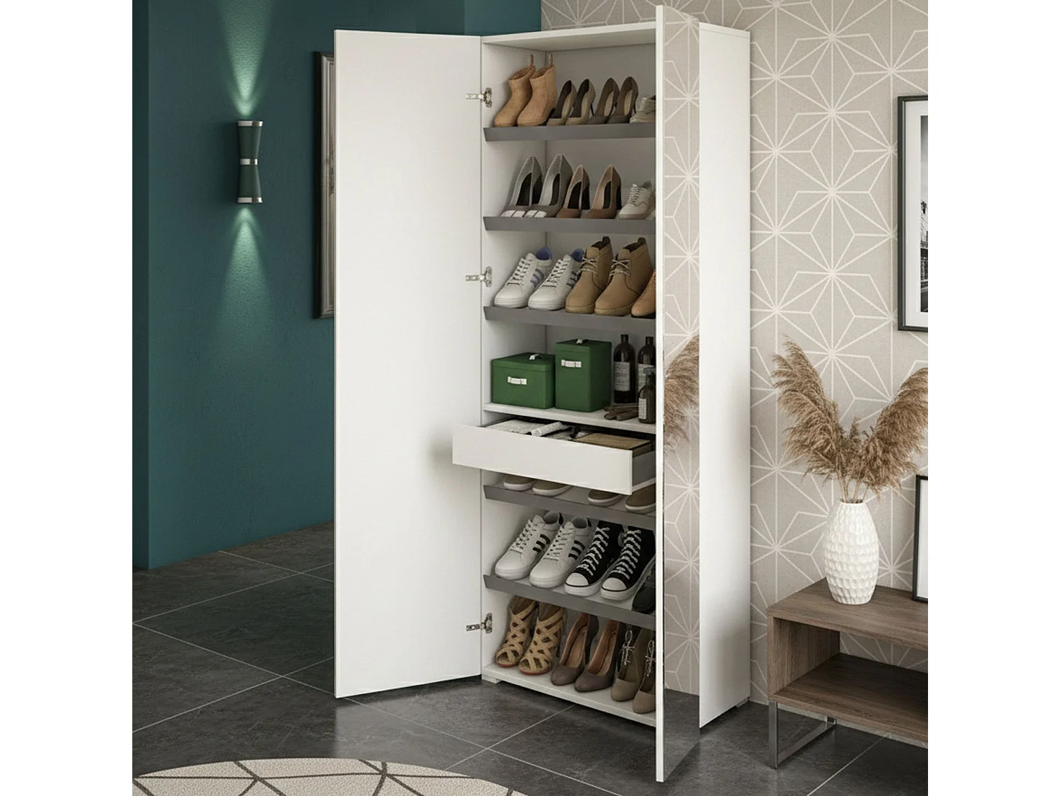 Dmora Schoenenkast Tarassaco 37x72x195h cm Wit, 1 Lade, 6 Planken: Schoenenrek 7 Vakken Made in Italy