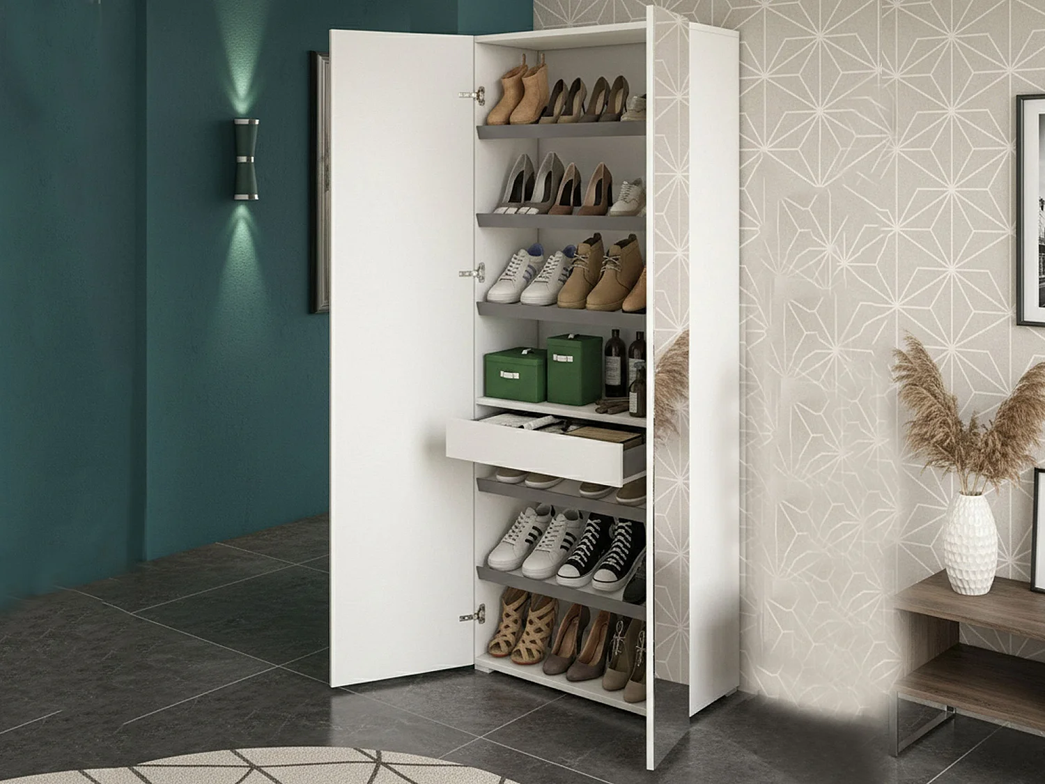 Étagère à chaussures Tarassaco, Meuble d'entrée polyvalent avec porte miroir, Meuble à chaussures moderne avec 6 étagères, 100% Made in Italy, 72x37h195 cm, Blanc