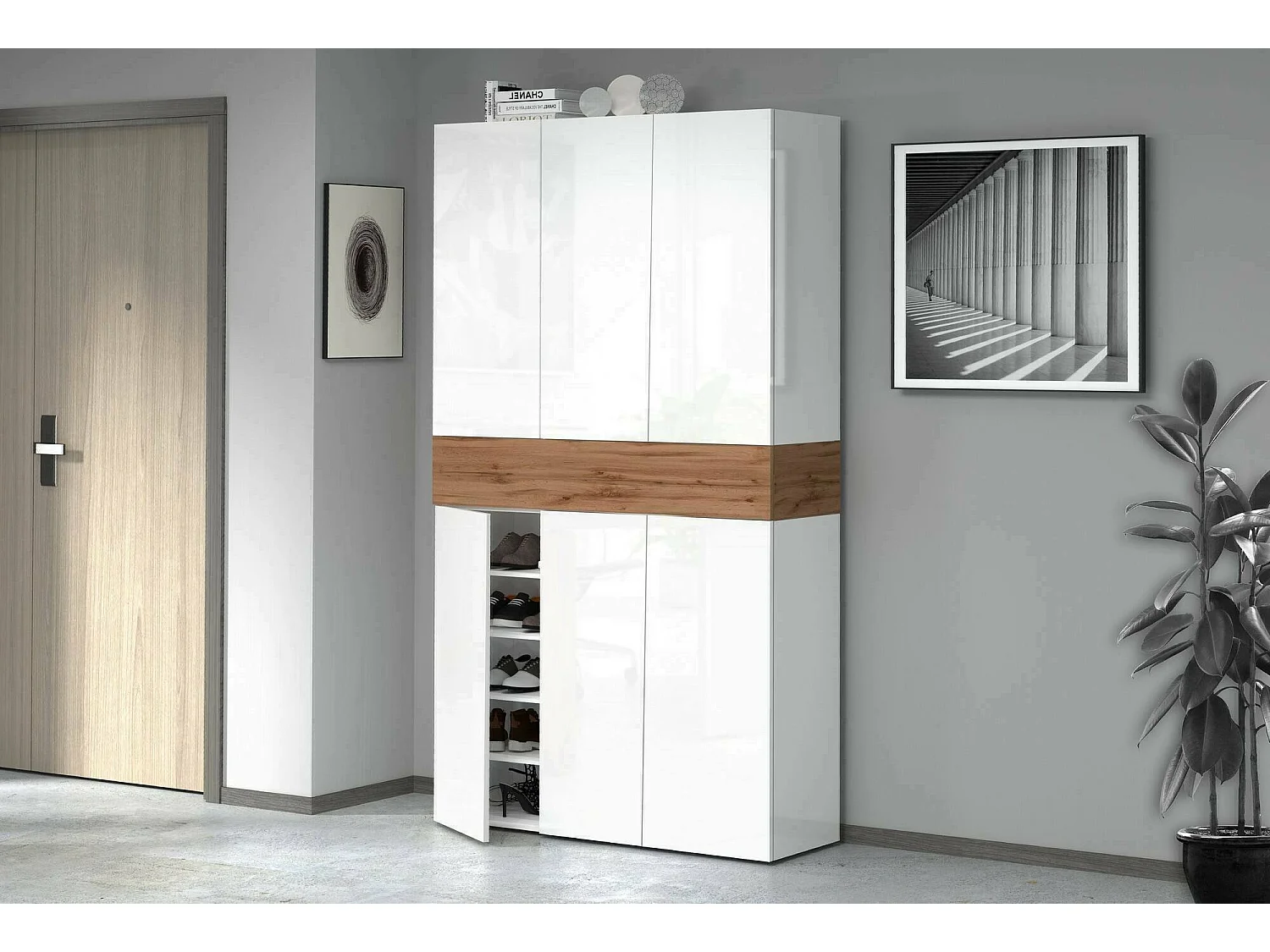 Étagère à chaussures Marzio, étagère à chaussures peu encombrante à 7 portes, armoire d'entrée multifonctionnelle, 114x38h200 cm, blanc et chêne