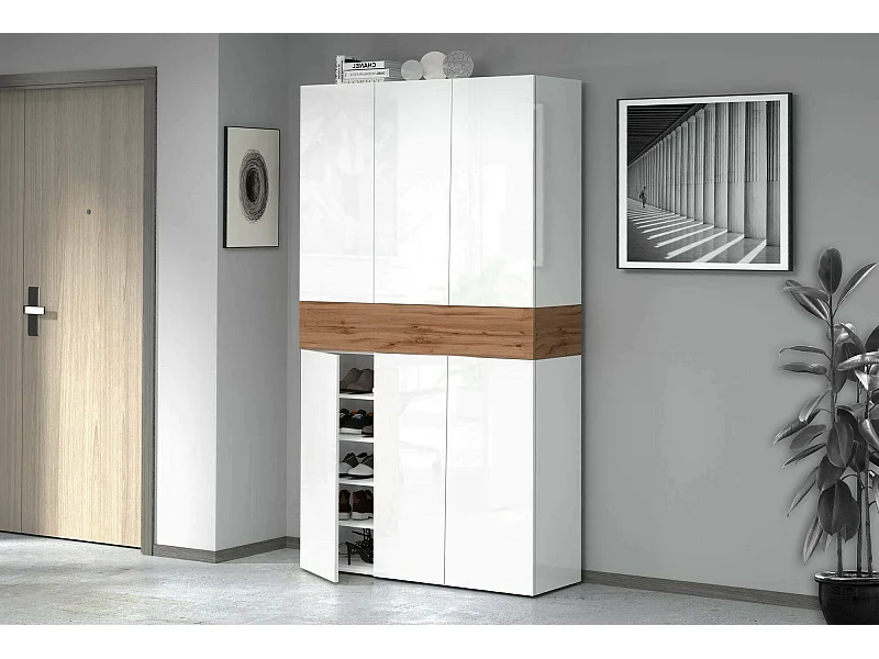 Dcancellier Schoenenrek, 7-deurs Ruimtebesparend Schoenenrek, Multifunctionele Entree Garderobe, 114x38h200 cm, Wit en Eiken