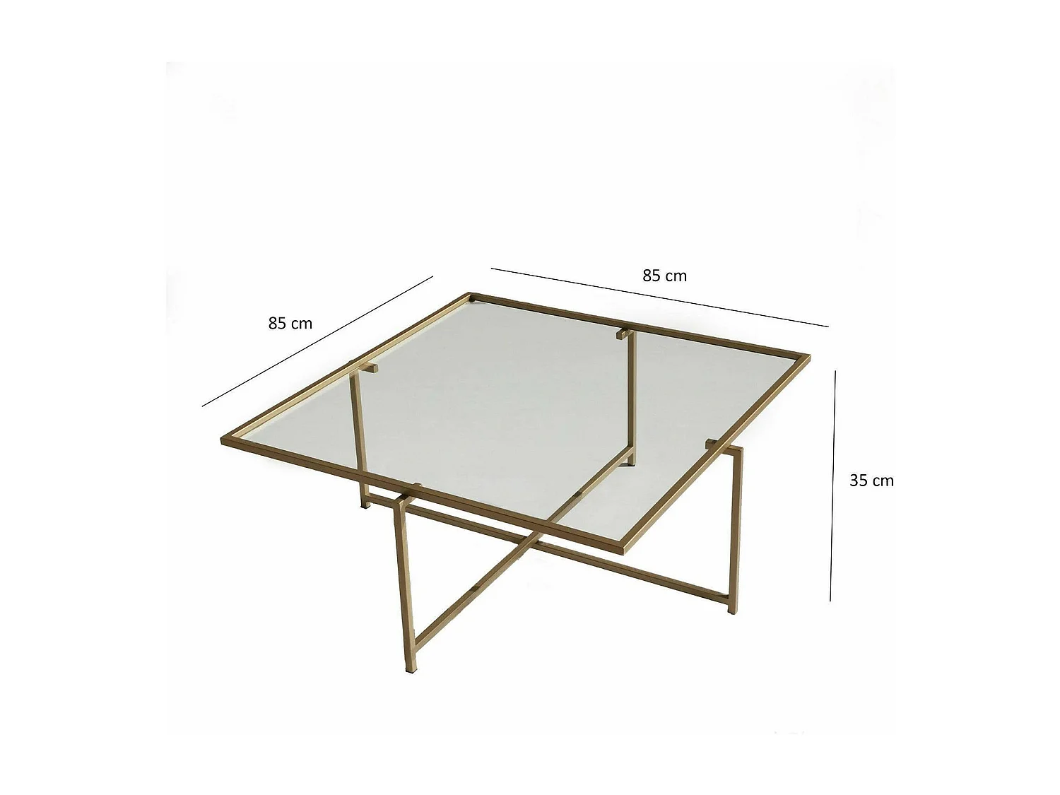 Table basse Mascate, anti-buée, 85x85x35h cm or, forme carrée, plateau transparent