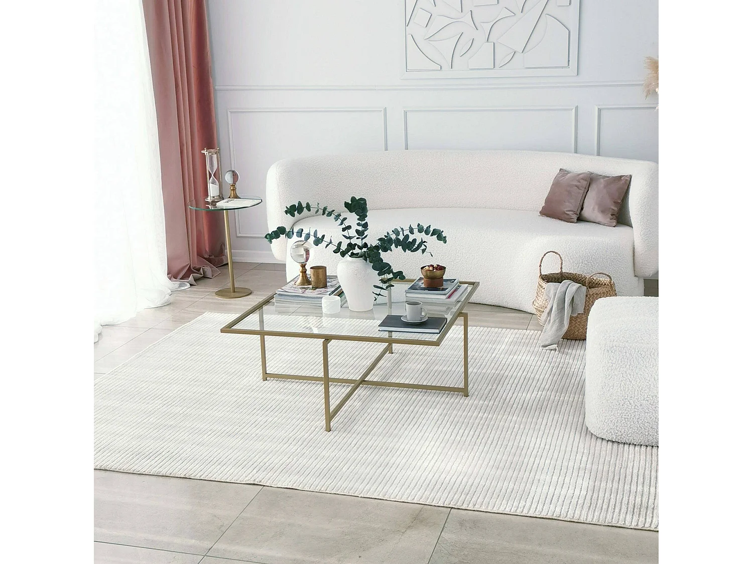 Table basse Mascate, anti-buée, 85x85x35h cm or, forme carrée, plateau transparent