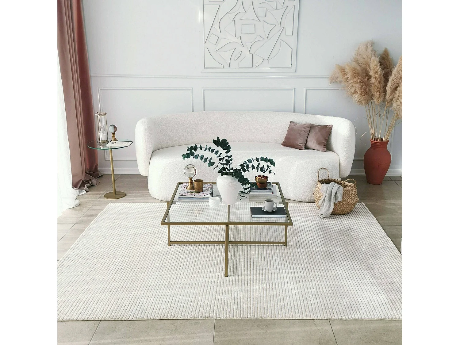 Table basse Mascate, anti-buée, 85x85x35h cm or, forme carrée, plateau transparent