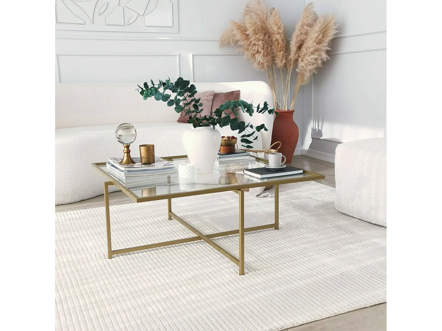 Table basse Mascate, anti-buée, 85x85x35h cm or, forme carrée, plateau transparent