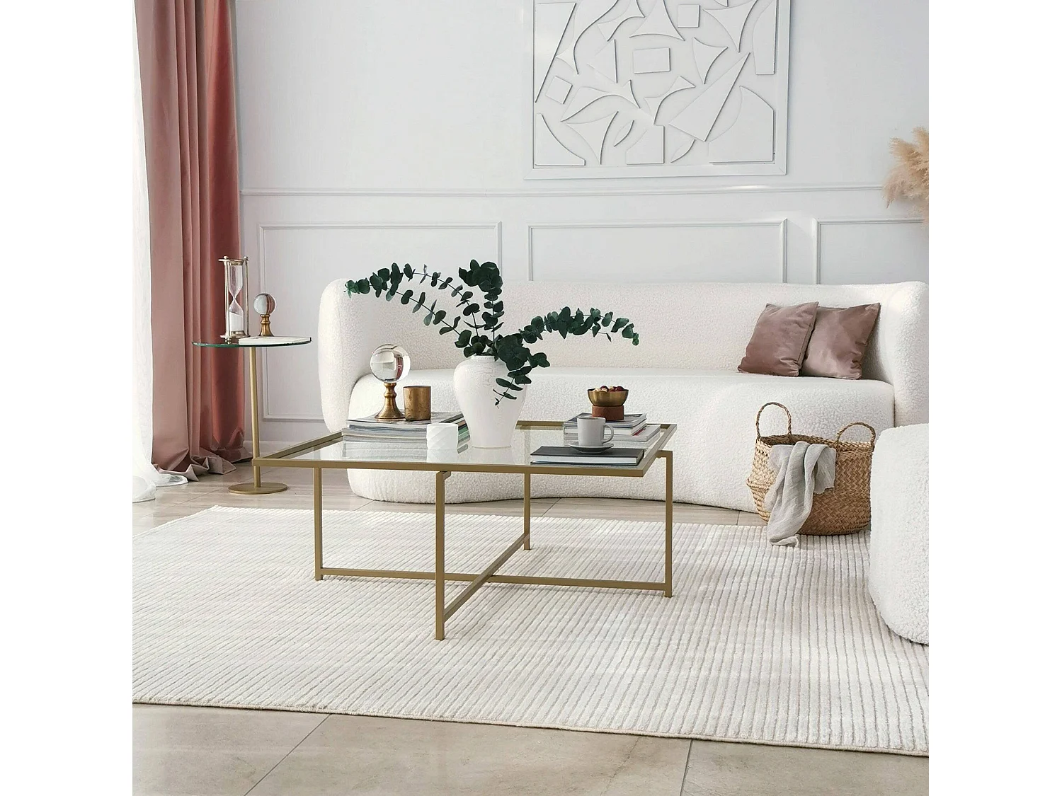 Table basse Mascate, anti-buée, 85x85x35h cm or, forme carrée, plateau transparent
