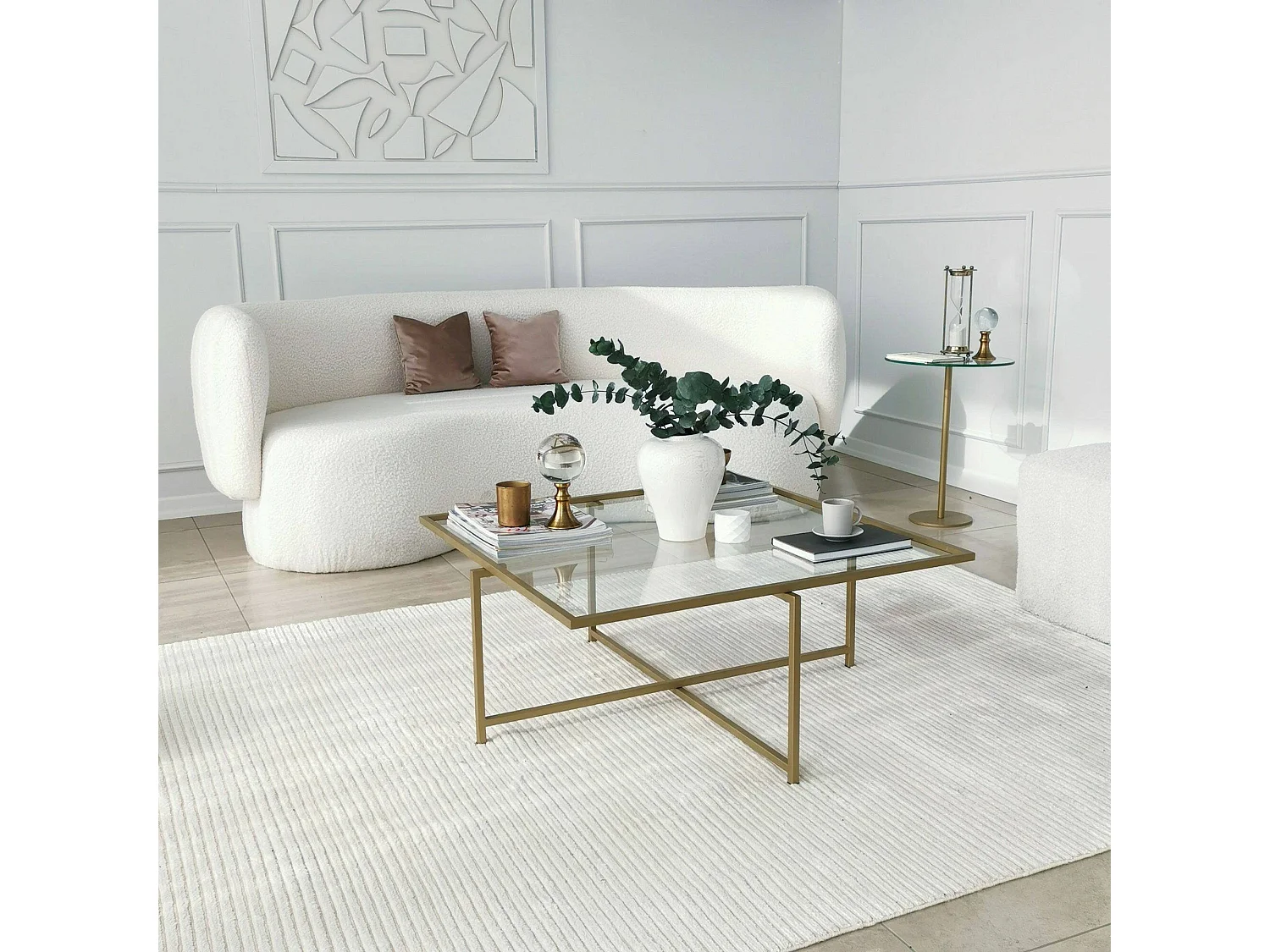 Table basse Mascate, anti-buée, 85x85x35h cm or, forme carrée, plateau transparent