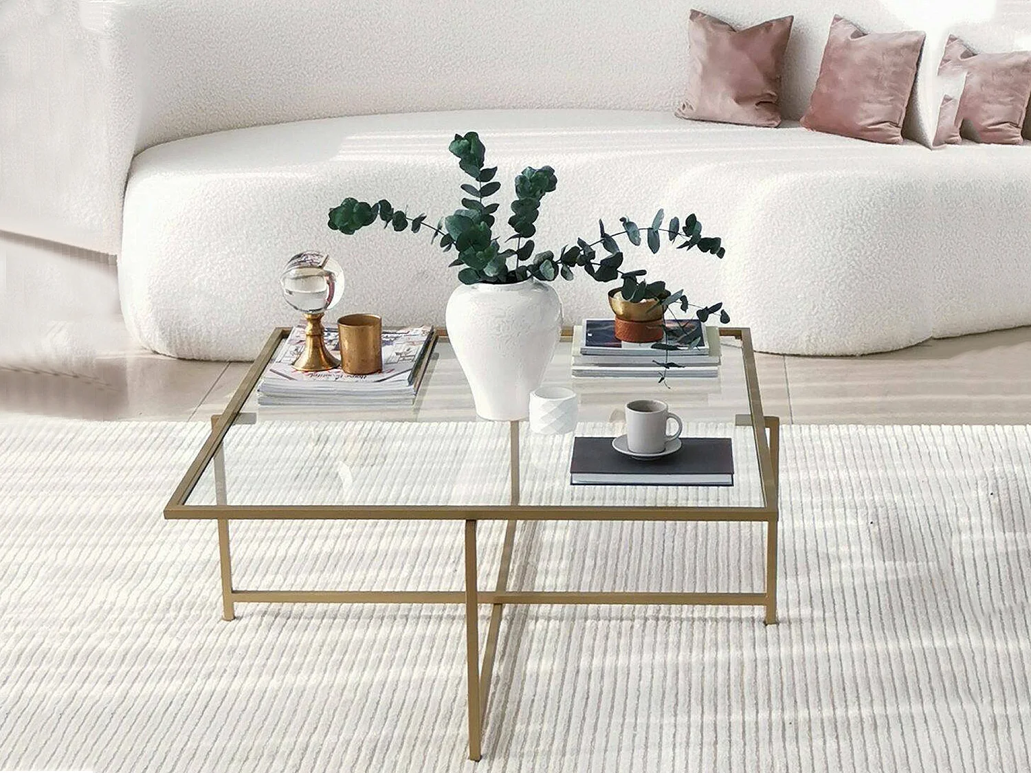 Table basse Mascate, anti-buée, 85x85x35h cm or, forme carrée, plateau transparent