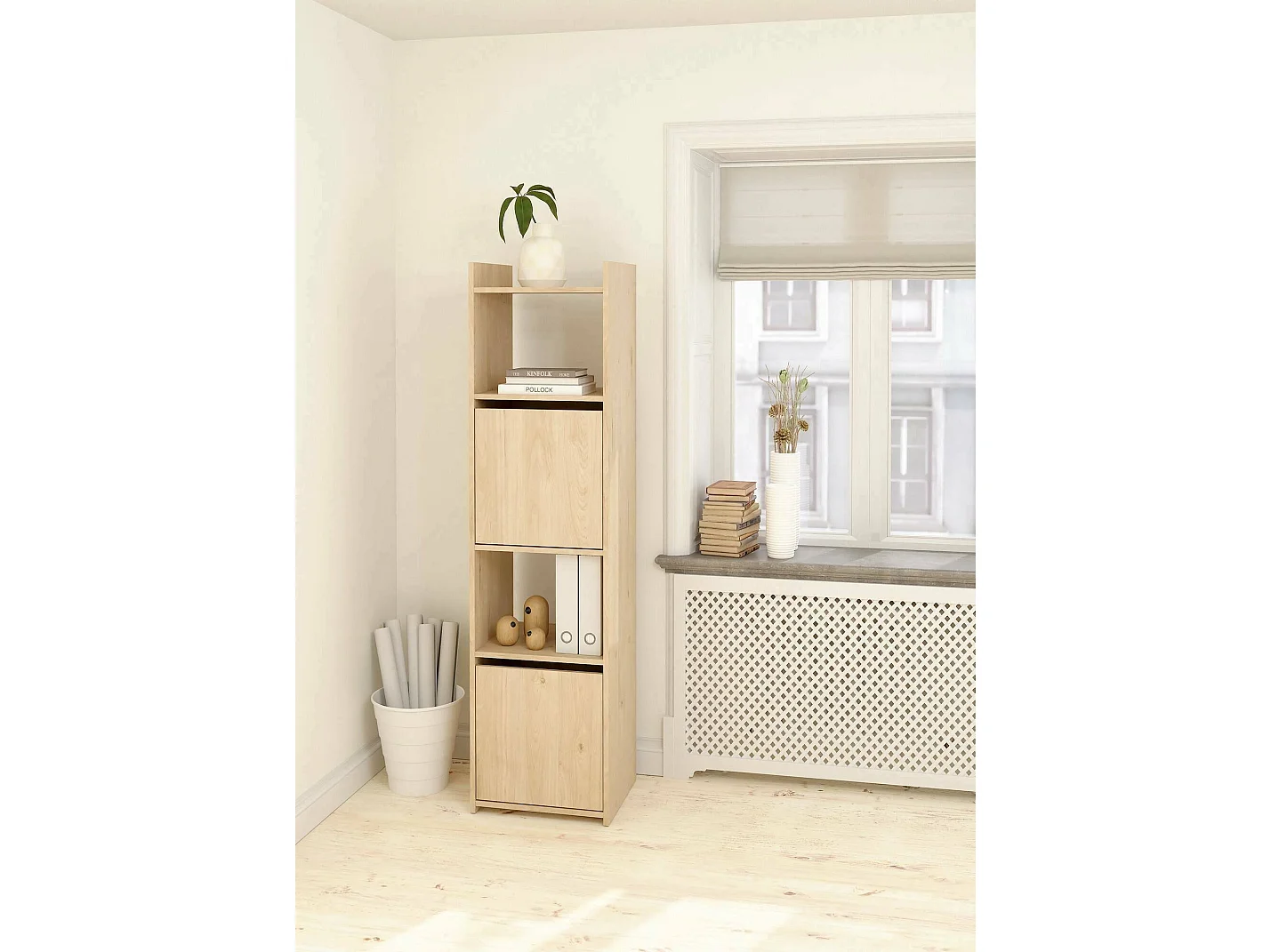 Bibliothèque Dricn, Etagère de bureau, Porte-livre mobile, Librairie, 40x34 h155 cm, Chêne clair