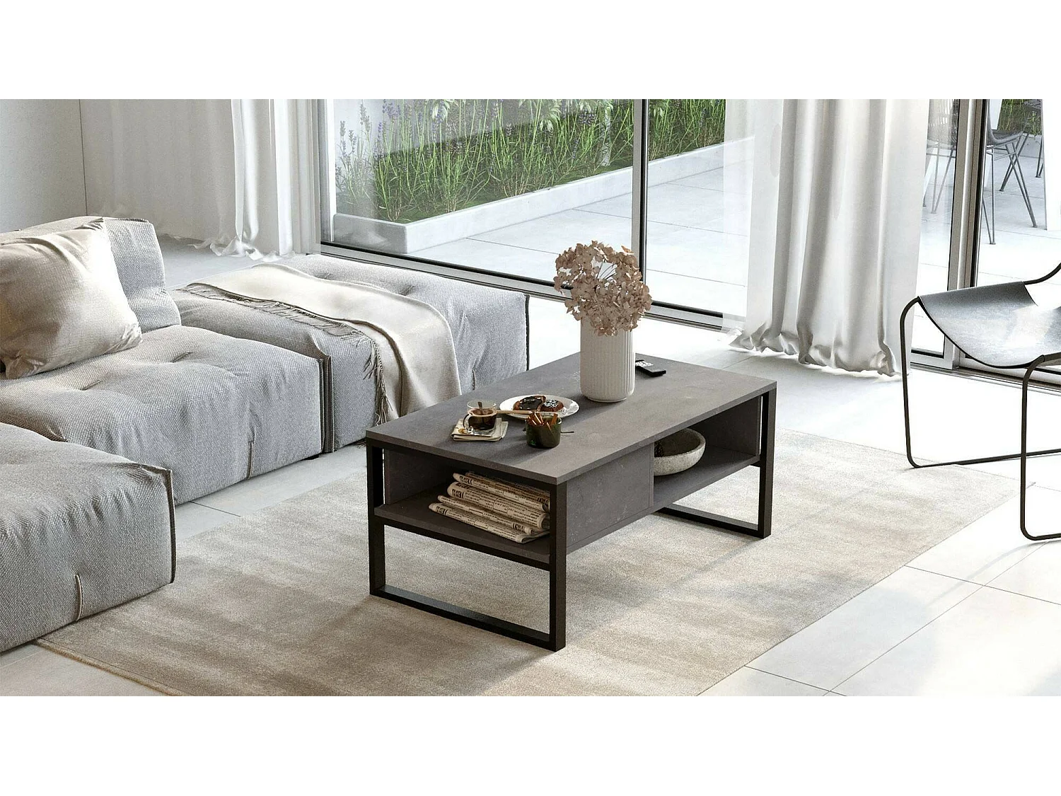 Table basse Astraia, Table basse, Porte-revues pour canapé, Etagère de salon, 100x60h44 cm, Argent