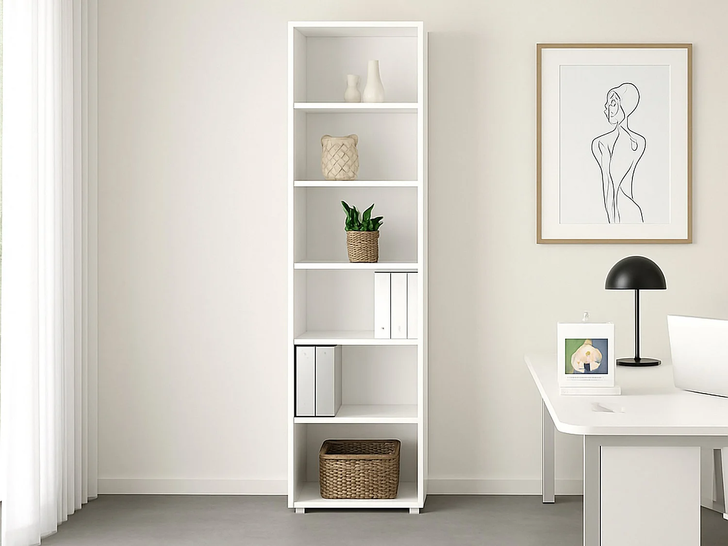 Estante para libros Dtern, Estante de oficina, Porta libros móvil, Biblioteca, 47x40 h222 cm, Blanco