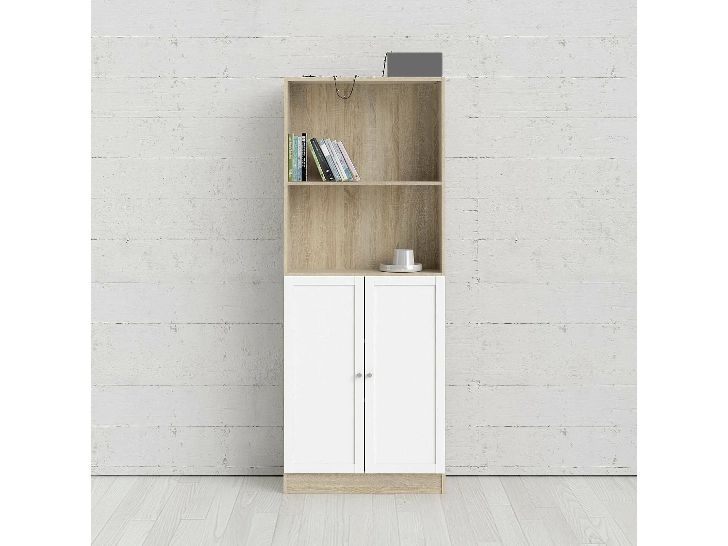 Bibliothèque Dsoffrid, Etagère de bureau, Porte-livre mobile, Librairie, 79x28 h203 cm, Chêne et Blanc