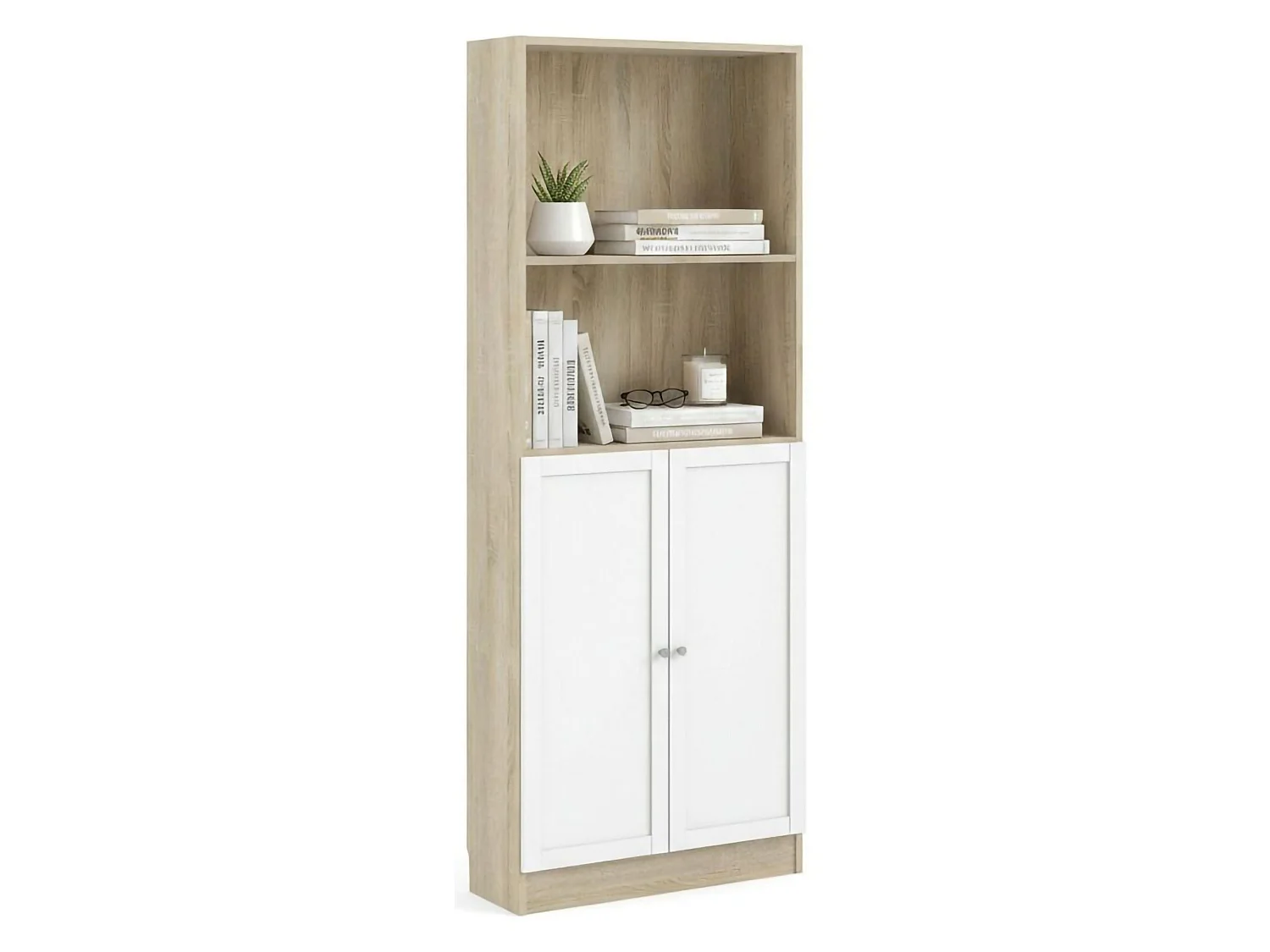 Bibliothèque Dsoffrid, Etagère de bureau, Porte-livre mobile, Librairie, 79x28 h203 cm, Chêne et Blanc