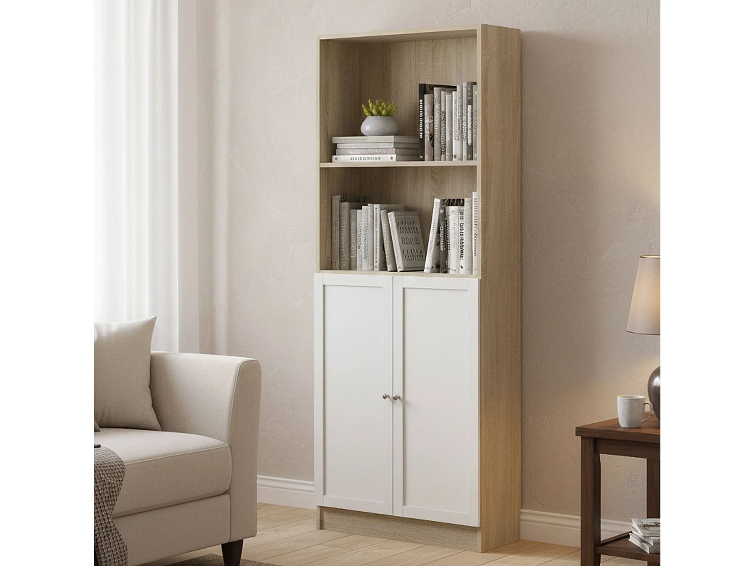 Bibliothèque Dsoffrid, Etagère de bureau, Porte-livre mobile, Librairie, 79x28 h203 cm, Chêne et Blanc