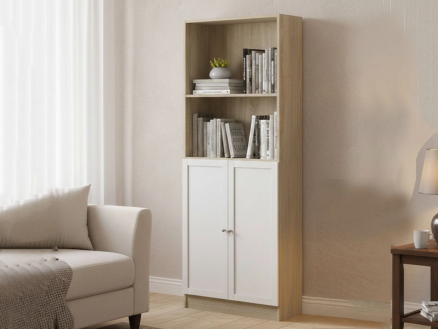 Bibliothèque Dsoffrid, Etagère de bureau, Porte-livre mobile, Librairie, 79x28 h203 cm, Chêne et Blanc