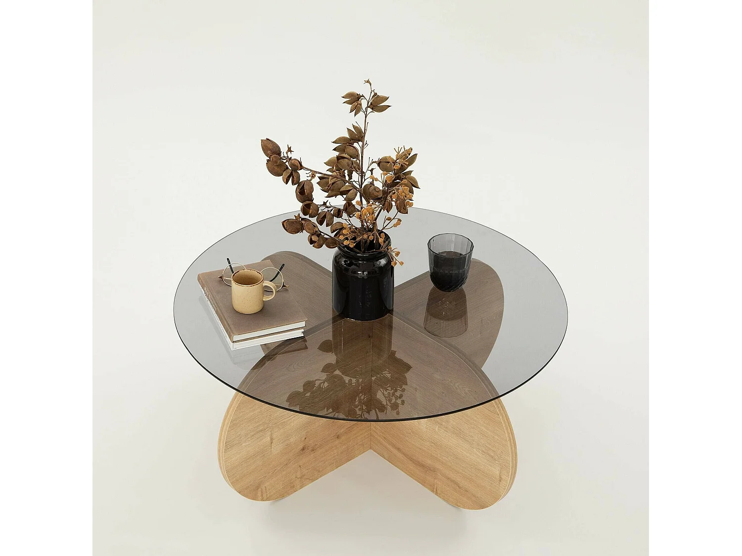 Mesa de centro Nila, efeito fumê, 75x75x35h cm, carvalho marrom, forma redonda, material da estrutura em vidro