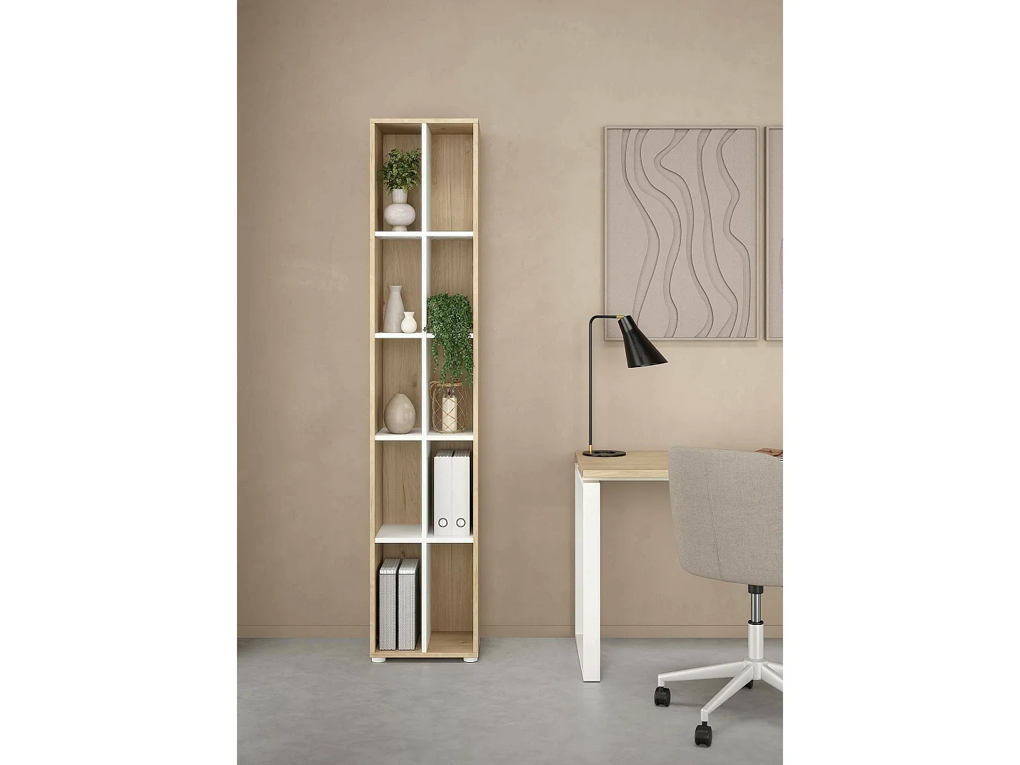Bibliothèque Dtedesc, Etagère de bureau, Porte-livre mobile, Librairie, 41x34 h205 cm, Chêne clair et Blanc