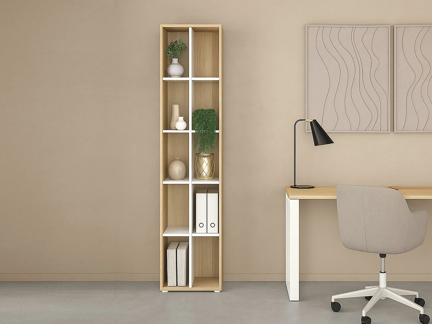Bibliothèque Dtedesc, Etagère de bureau, Porte-livre mobile, Librairie, 41x34 h205 cm, Chêne clair et Blanc