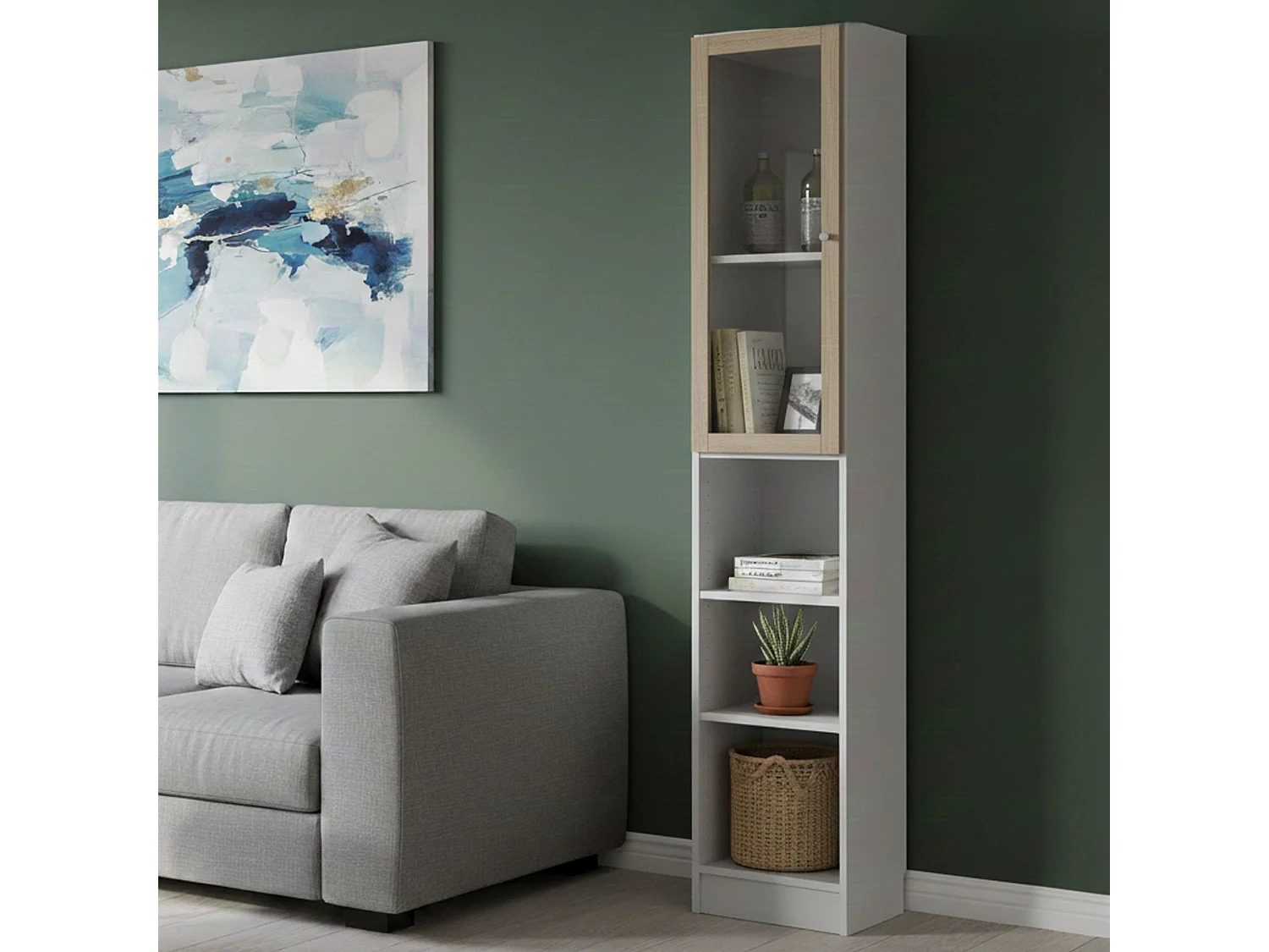 Dsitu boekenkast, Kantoorplank, Boekenkast, Bibliotheek, 41x28 h203 cm, Wit en Eiken