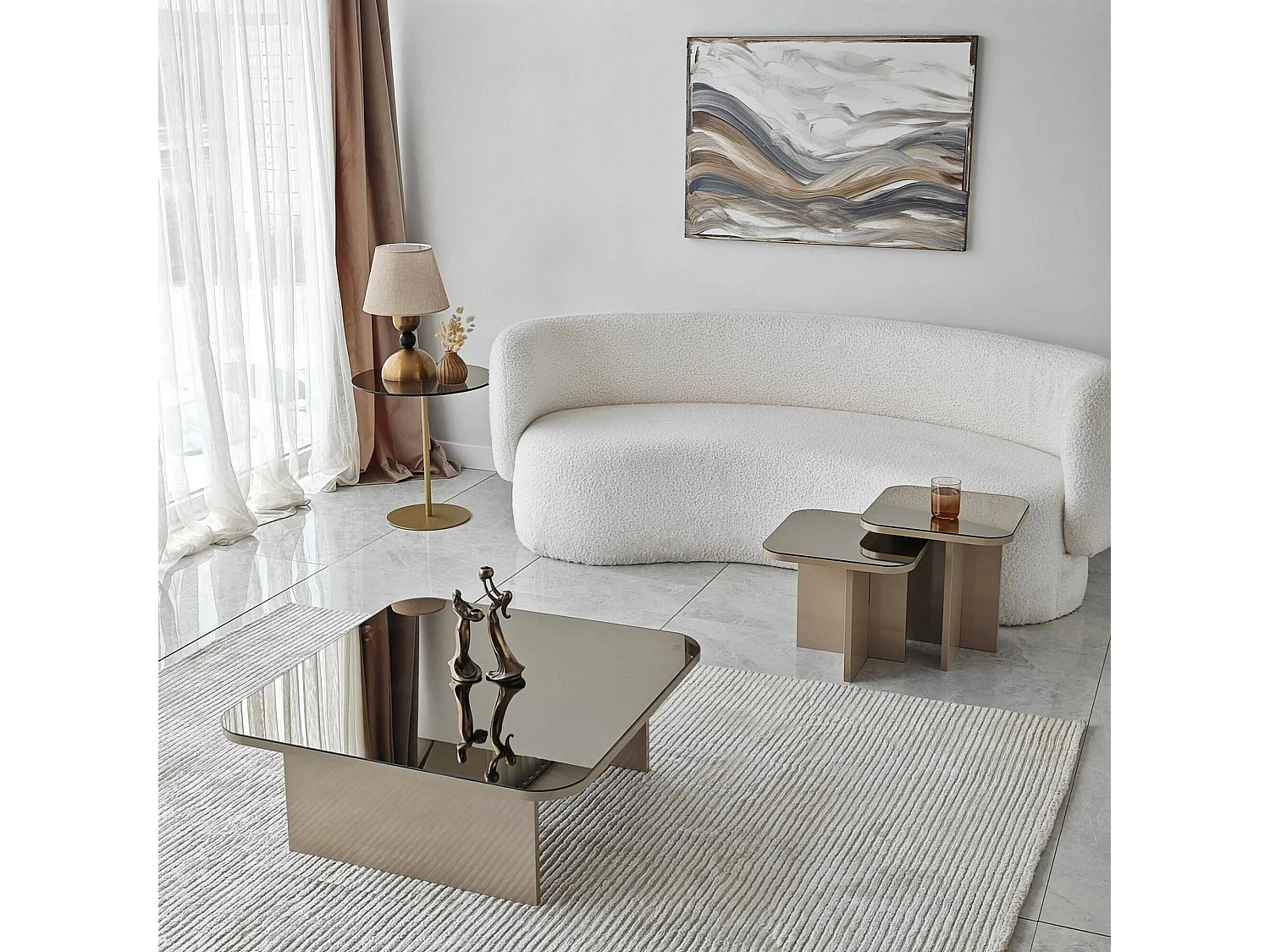 Table basse Nashira, Table basse, Porte-revues pour canapé, Etagère de salon, 80x80h40 cm, Taupe et Fumé