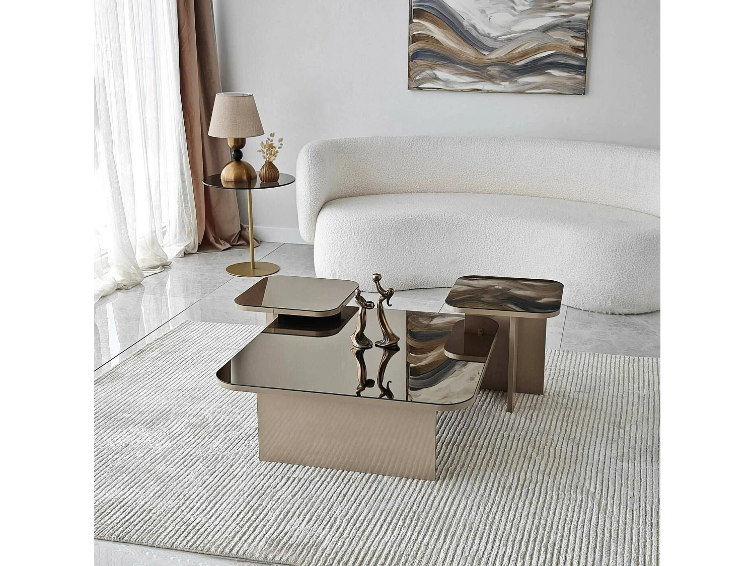 Table basse Nashira, Table basse, Porte-revues pour canapé, Etagère de salon, 80x80h40 cm, Taupe et Fumé