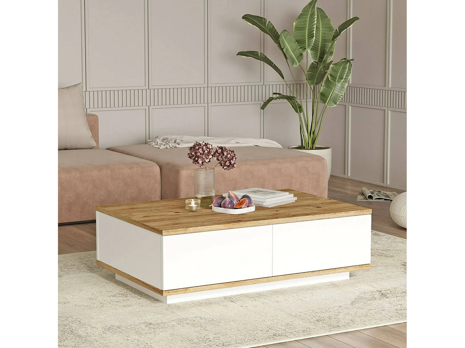 Table basse Marfik, Table basse, Porte-revues pour canapé, Etagère de salon, 90x60h29 cm, Chêne et Blanc