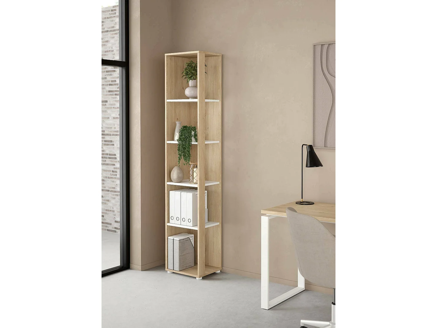 Bibliothèque Dtalarin, Etagère de bureau, Porte-livre mobile, Librairie, 41x34 h205 cm, Chêne clair et Blanc