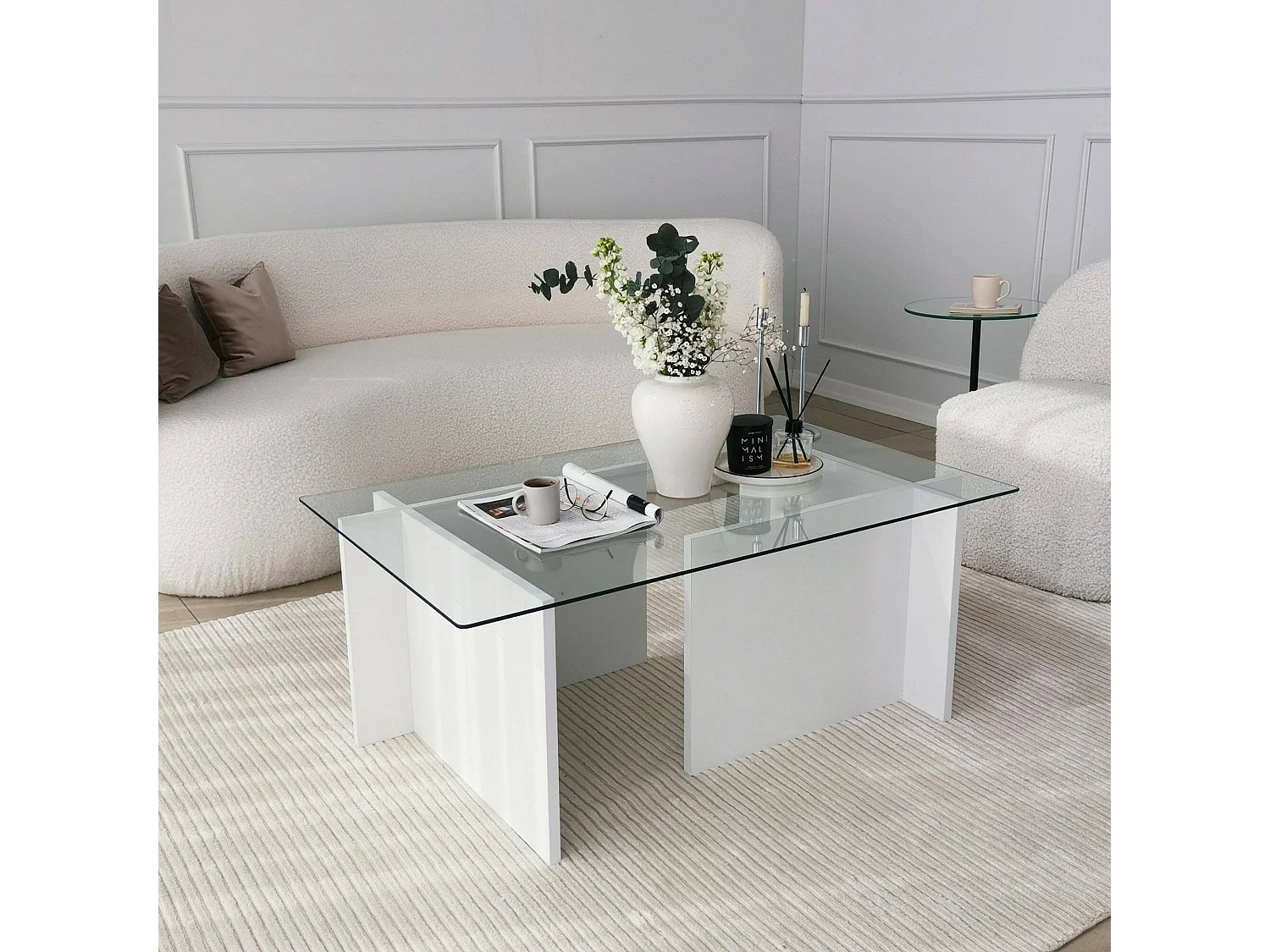 Table basse Teti, porte-revues, 105x65x40h cm blanc, forme rectangulaire, plateau en verre