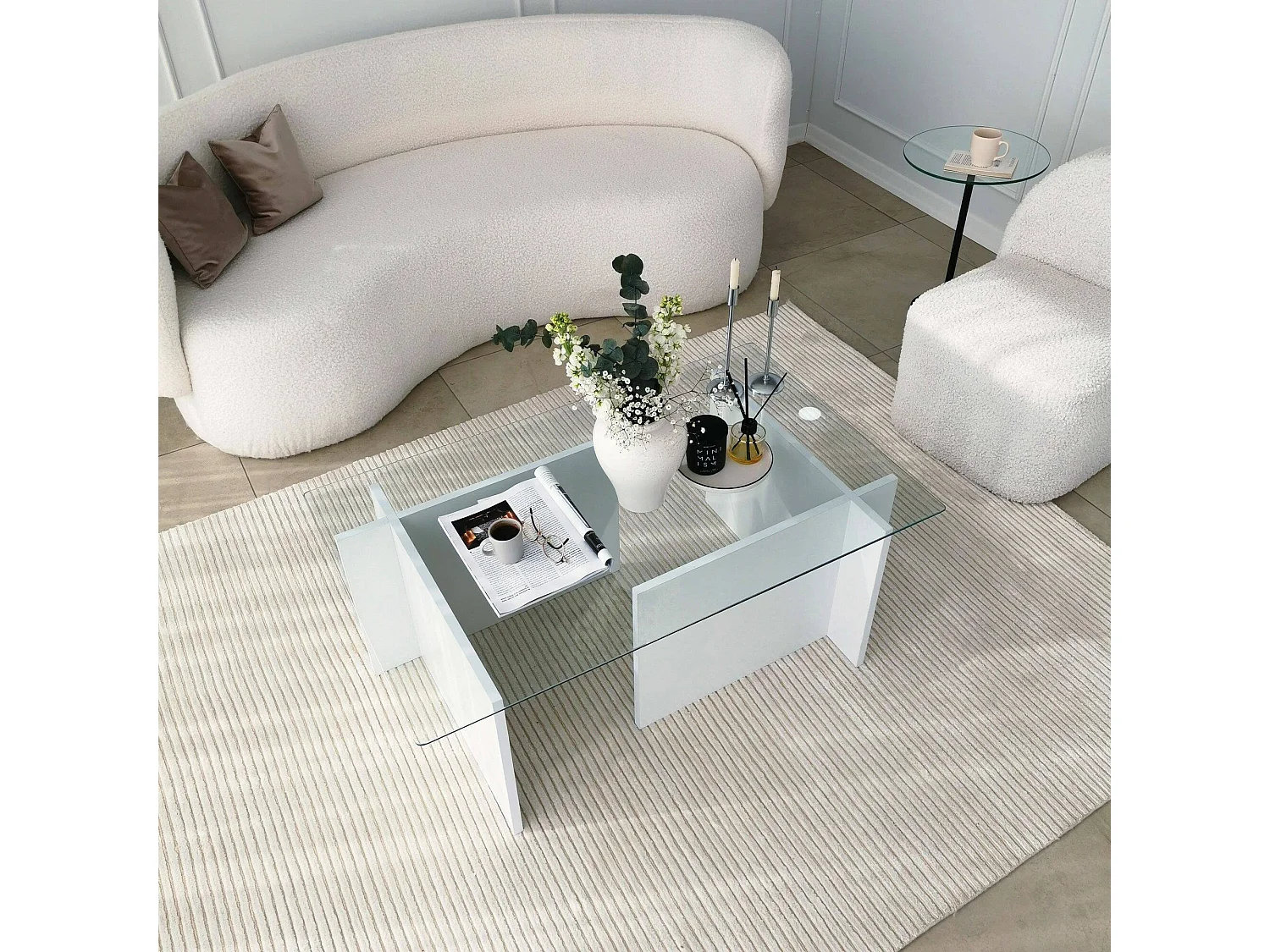 Table basse Teti, porte-revues, 105x65x40h cm blanc, forme rectangulaire, plateau en verre