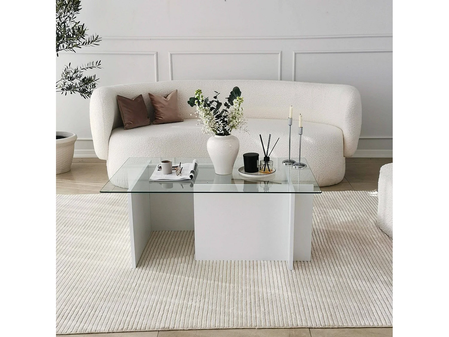 Table basse Teti, porte-revues, 105x65x40h cm blanc, forme rectangulaire, plateau en verre