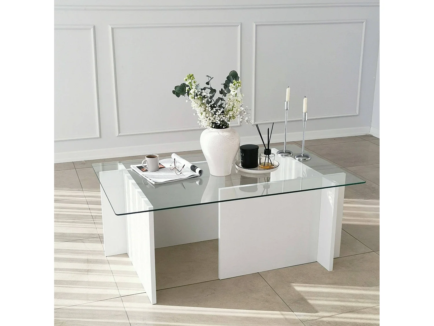Table basse Teti, porte-revues, 105x65x40h cm blanc, forme rectangulaire, plateau en verre