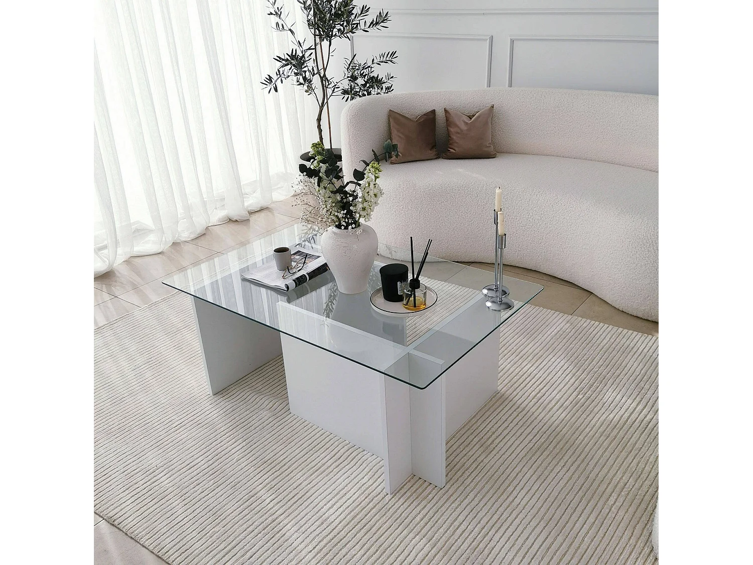 Table basse Teti, porte-revues, 105x65x40h cm blanc, forme rectangulaire, plateau en verre